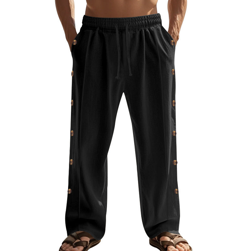 Drawstring Waist Side Button Solid Color Casual Men's Straight Pants