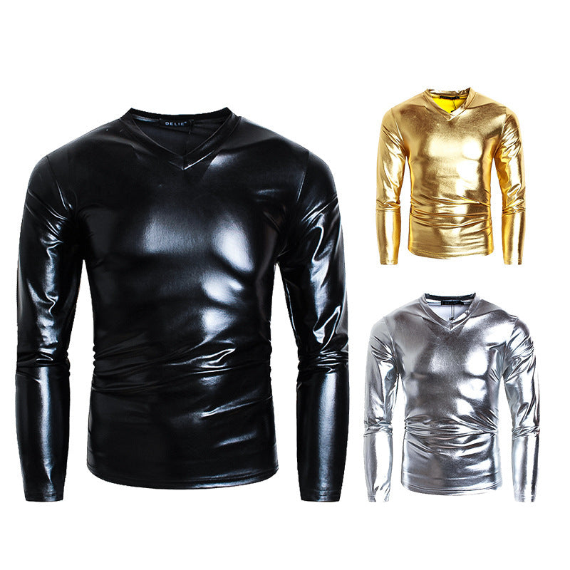 Men's Fashionable V-neck Glossy Long-sleeve Base Shirt Performance Outfit
