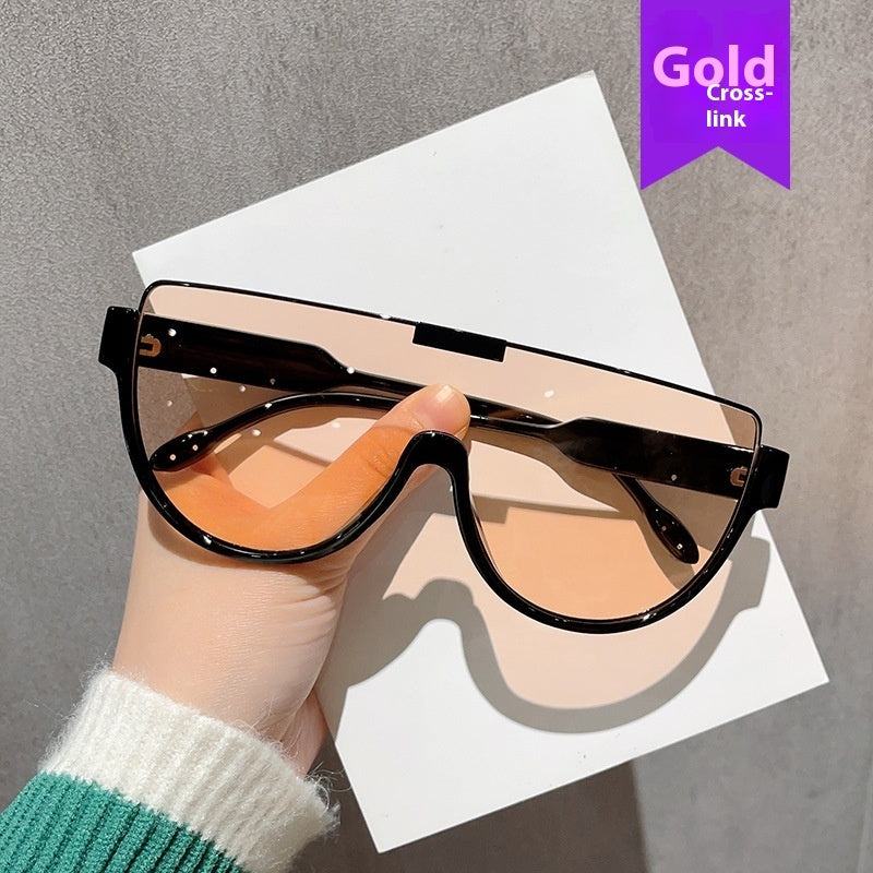 Fashion Lower Semi-rimless Brown One-piece Sunglasses Women's Mask Retro Slimming Trendy Sunglasses