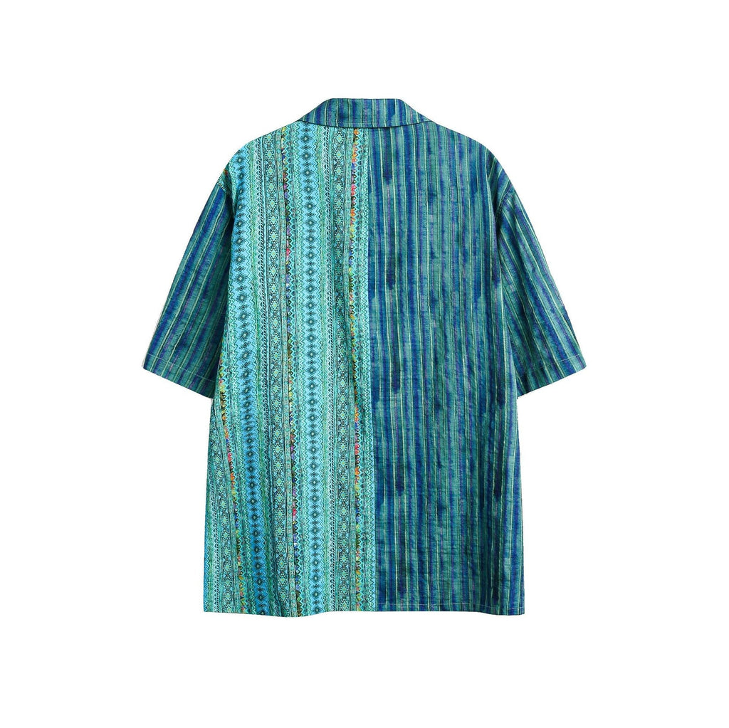 Retro Ethnic Style Patchwork Stripes Short Sleeve Men's Loose Shirt