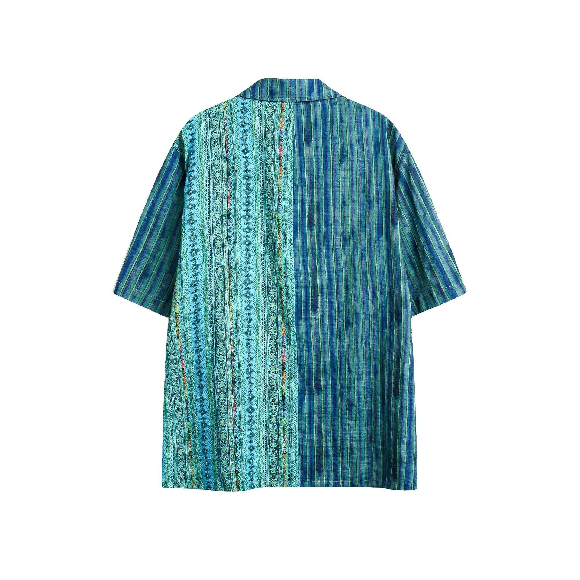 Retro Ethnic Style Patchwork Stripes Short Sleeve Men's Loose Shirt