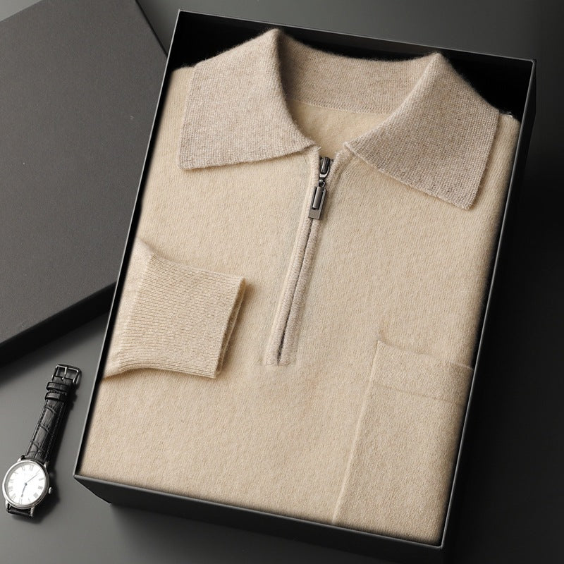Foreign Trade Men's Autumn And Winter Contrast Color Wool Knitted Half-open Polo Long-sleeved Fleece Sweater