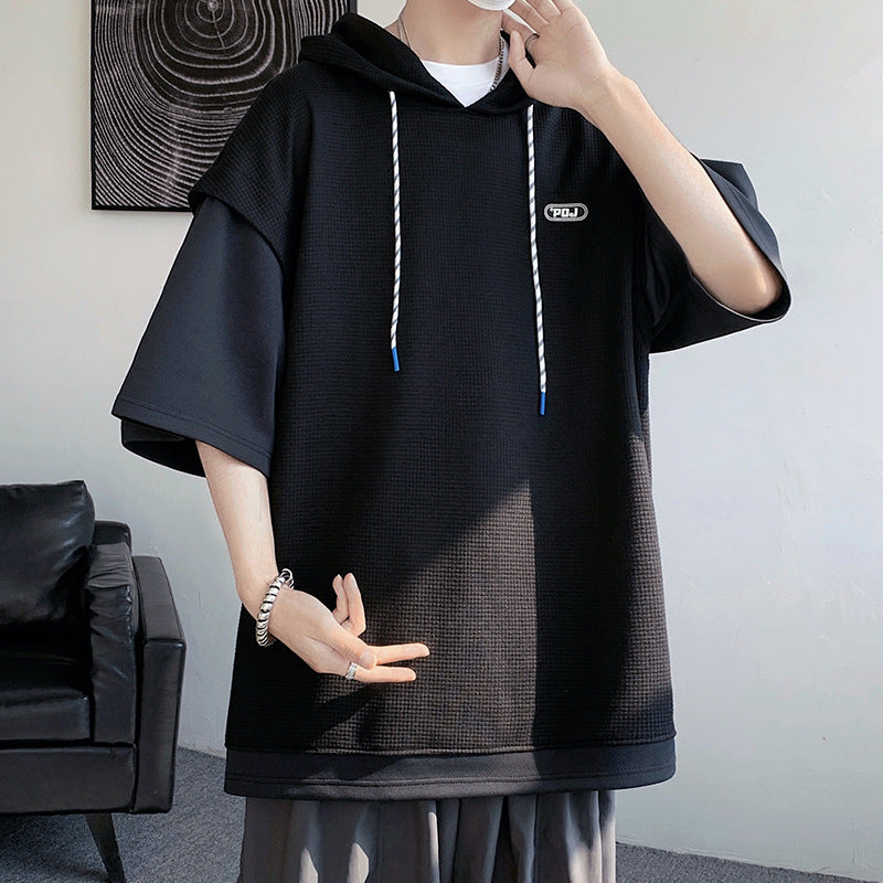 Heavy Plus Size Loose Solid Color Hooded Short Sleeve