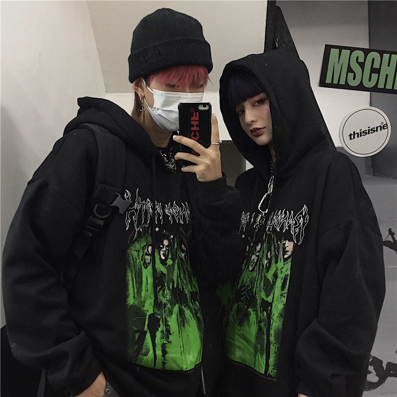 Dark Harajuku Hongkong Style Depressed Devil Print Autumn And Winter Loose Fleece-lined Hoodie Sweater Male And Female Couples Wear