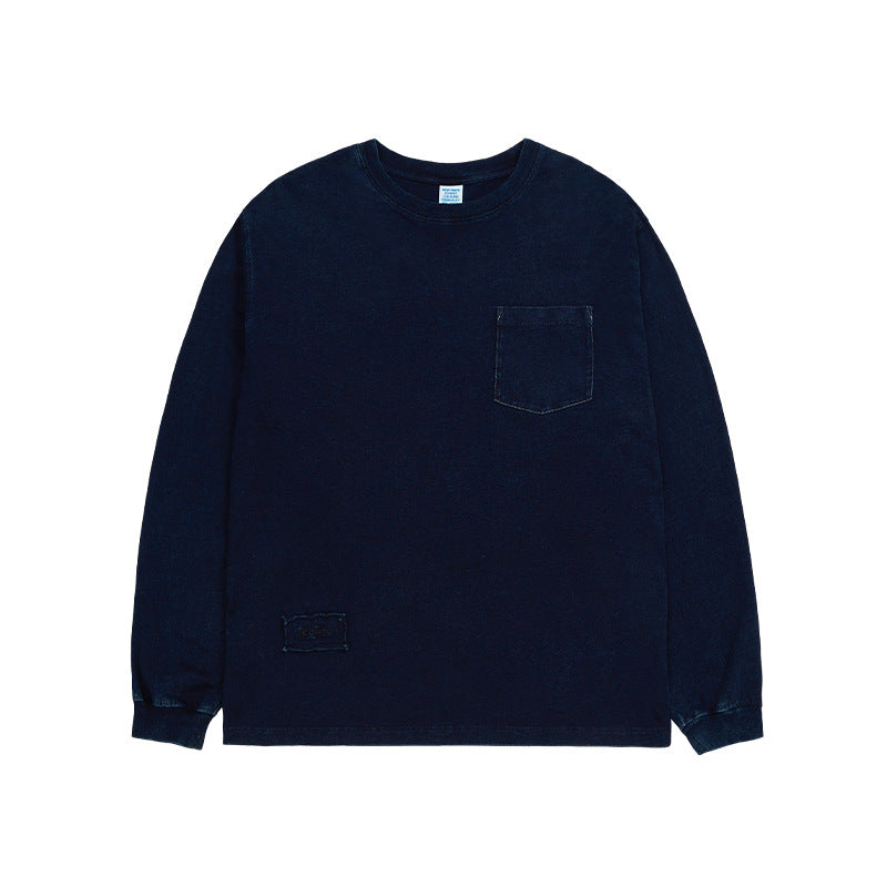 Men's Blue Dyed Knitted Denim Long Sleeve T-shirt Pocket Decoration Wash Water Top