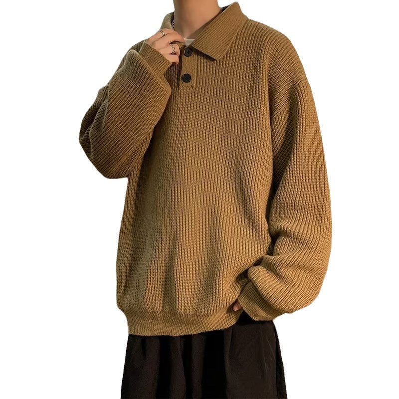 Polo Collar Sweater Men's American Retro Coffee Color High Sense Oversize Inner Sweater