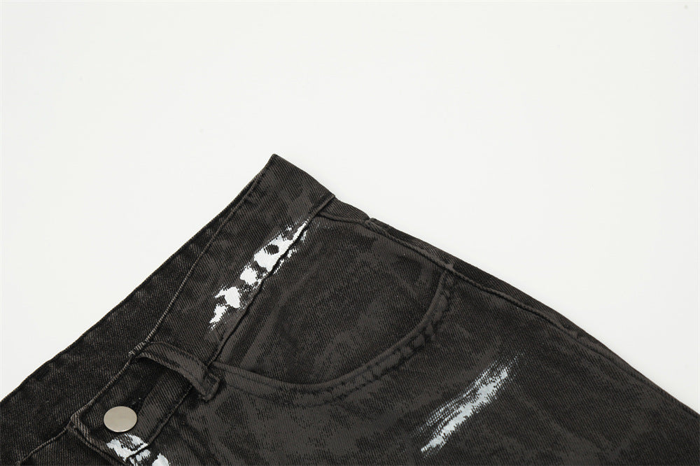Punk Waste Soil Distressed Men Denim Straight-leg Trousers