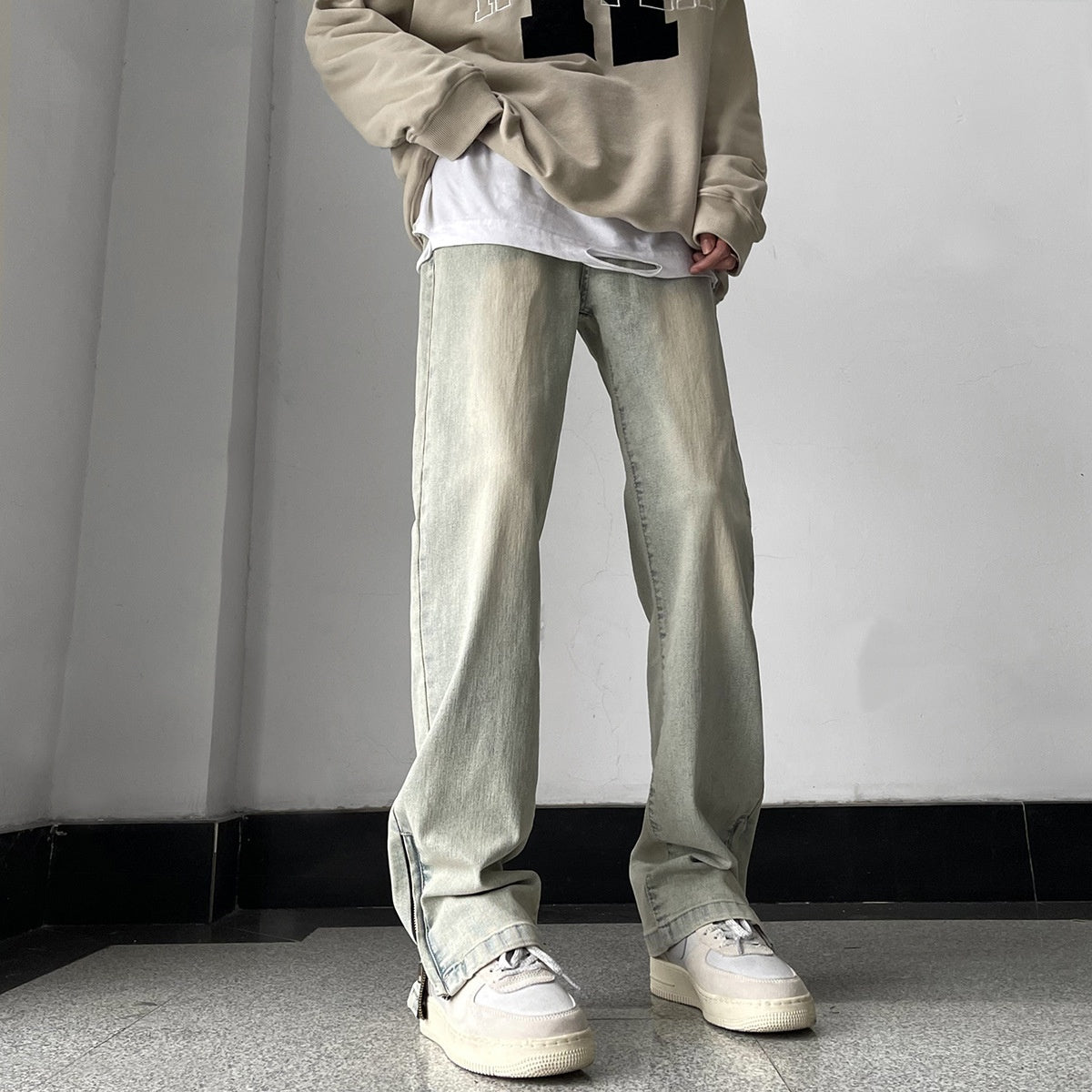 Side Zipper Skinny Jeans For Men Retro Straight-leg Pants