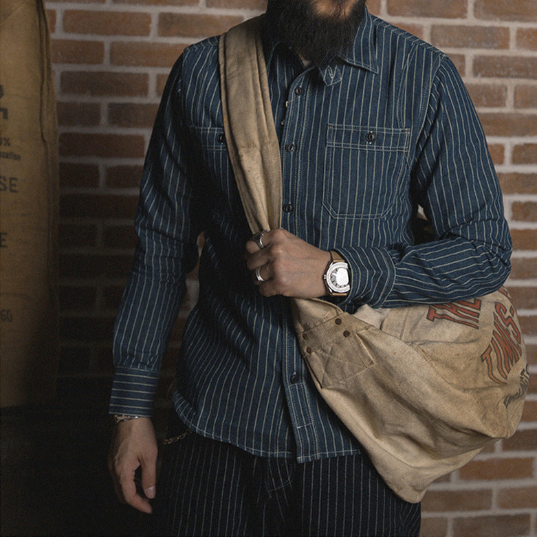 Striped Long Sleeve Tooling Shirt Vintage Men