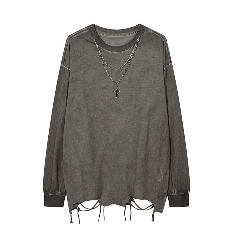 Men's Retro Worn Looking Washed-out Ragged Long-sleeved T-shirt