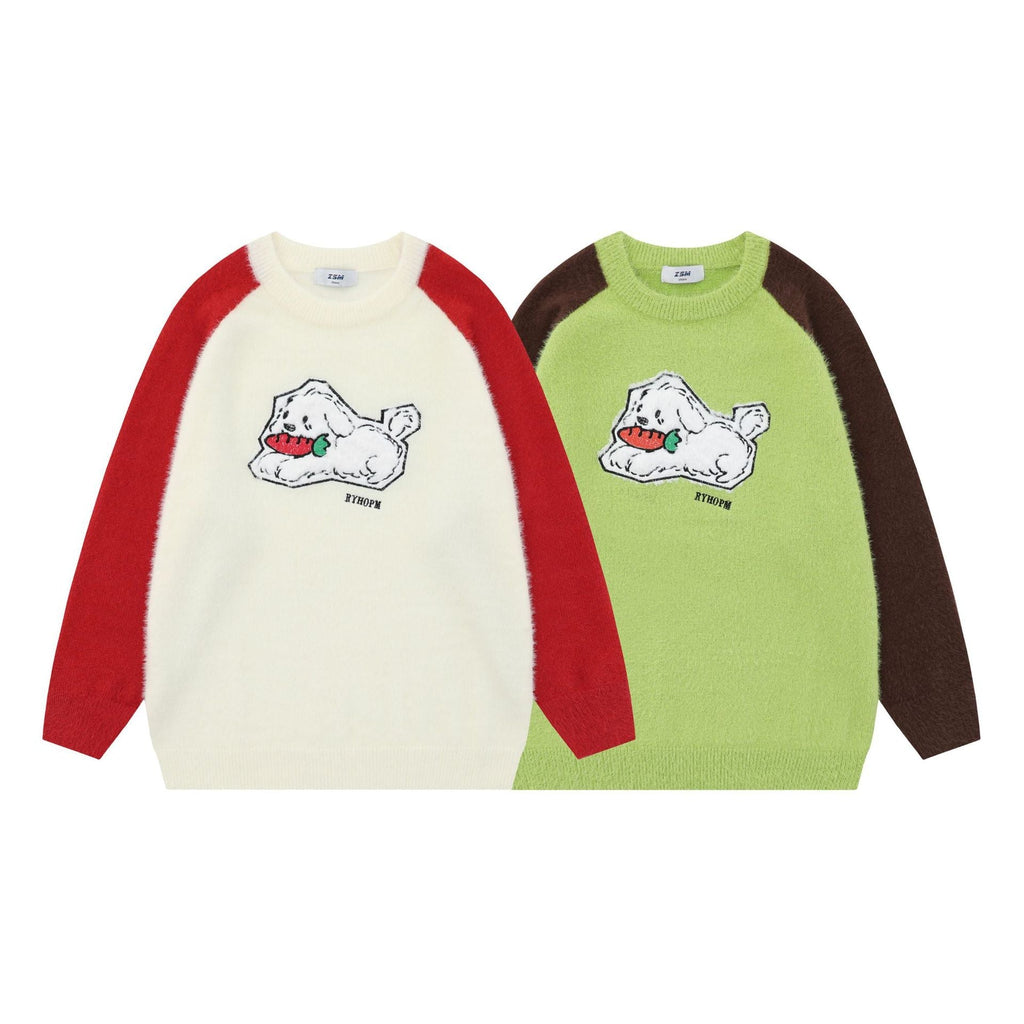 Sweet Cute Jacquard Furry Color-block Crew Neck Sweater