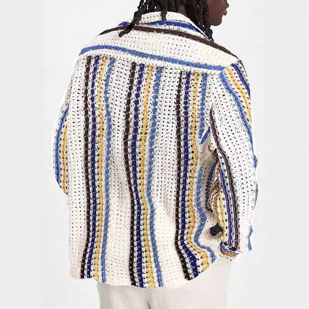 Striped Multi-color Contrast Color Casual Cardigan Sweater Men's Top