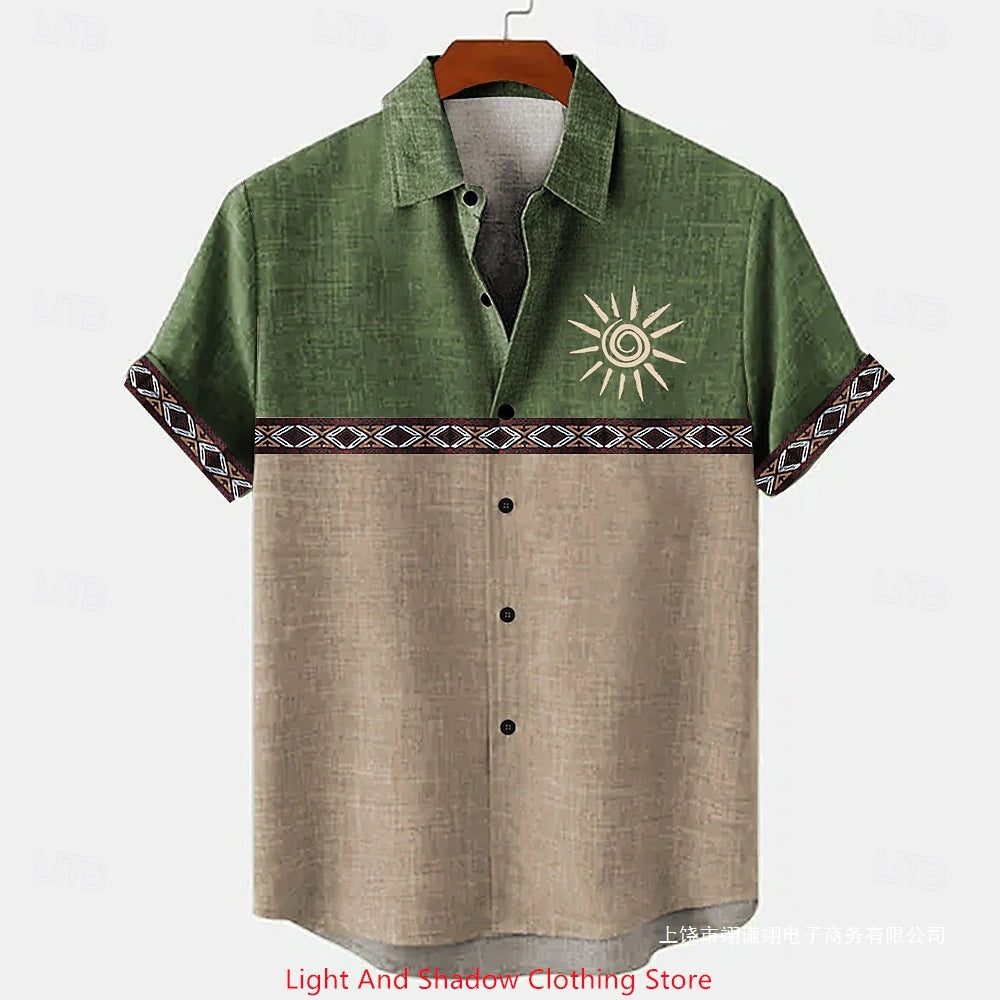 Short-sleeve Patterned Shirt With Printed Buttons And Short-sleeve Patchwork