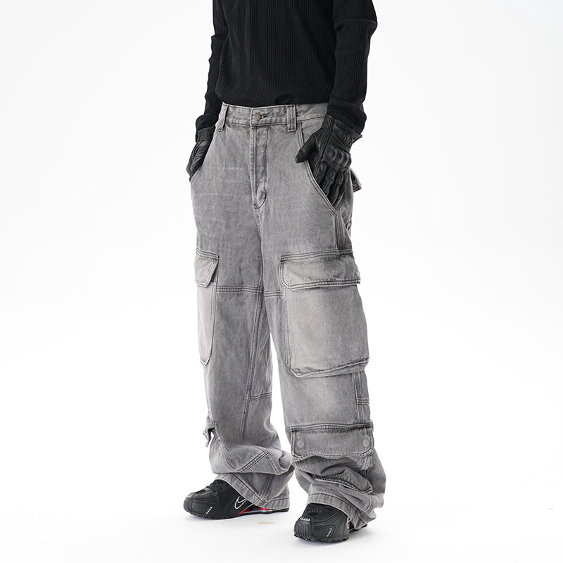Distressed Multi-pocket Casual Loose Straight-leg Denim Overalls