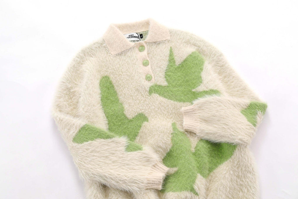 Pigeon Jacquard Furry Lapel Sweater