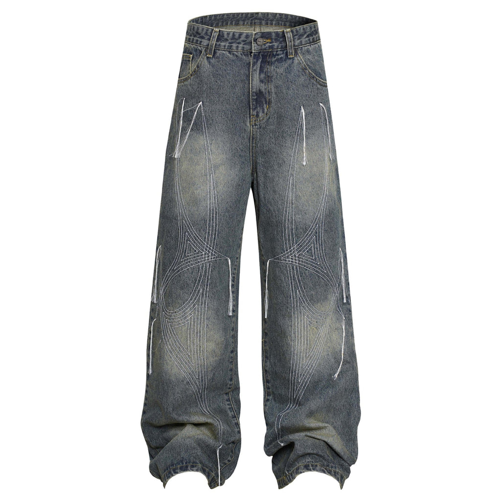Washed Distressed Embroidery Tassel Jeans Wide-leg Straight Trousers