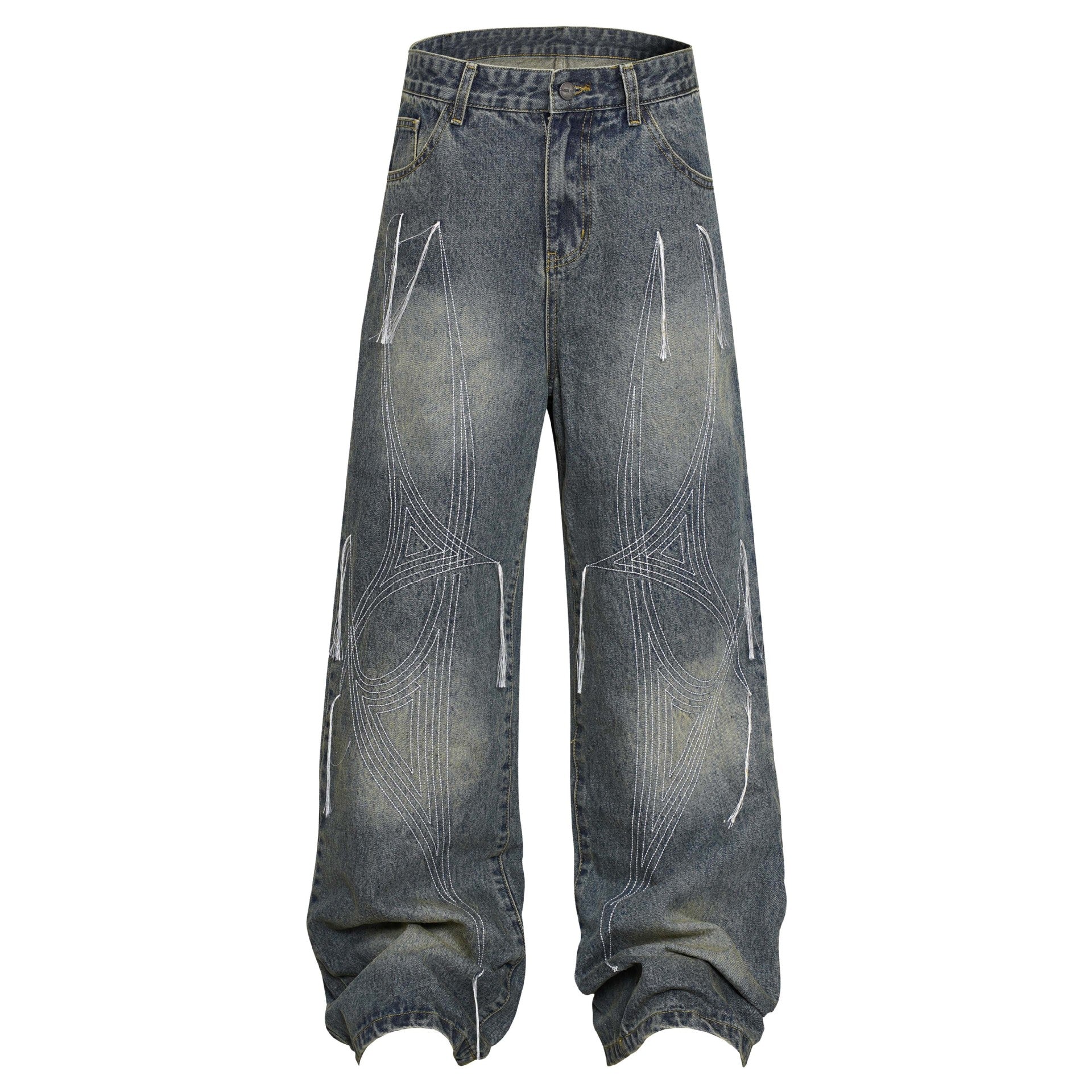 Washed Distressed Embroidery Tassel Jeans Wide-leg Straight Trousers