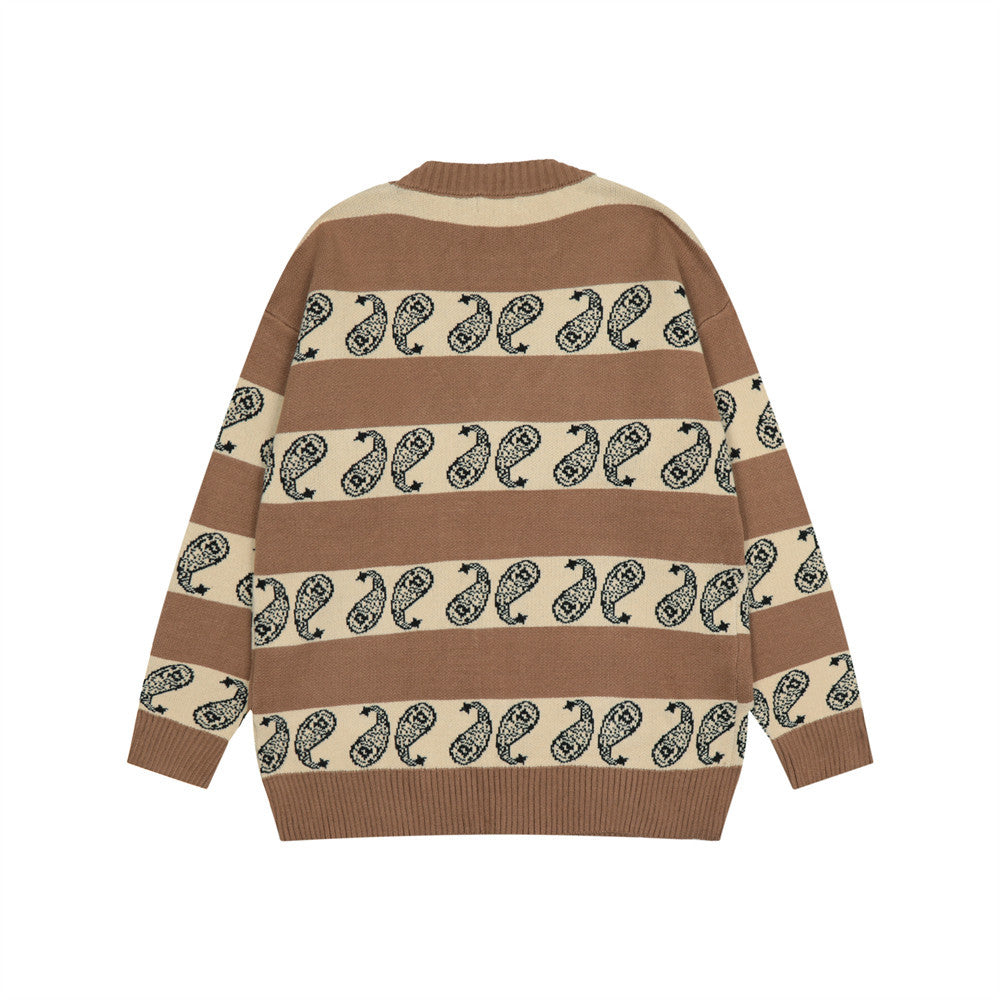 Jacquard Stripe Embroidered Pattern Knitwear Men's V-Neck Sweater