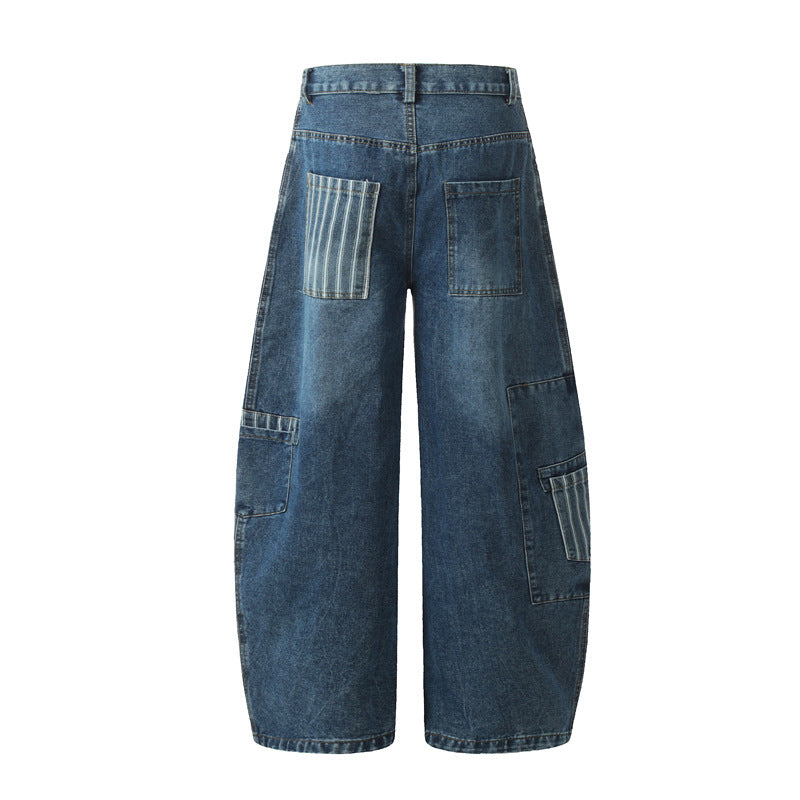 American Style Vintage Stripe Pocket Stitching Machete Jeans For Men And Women