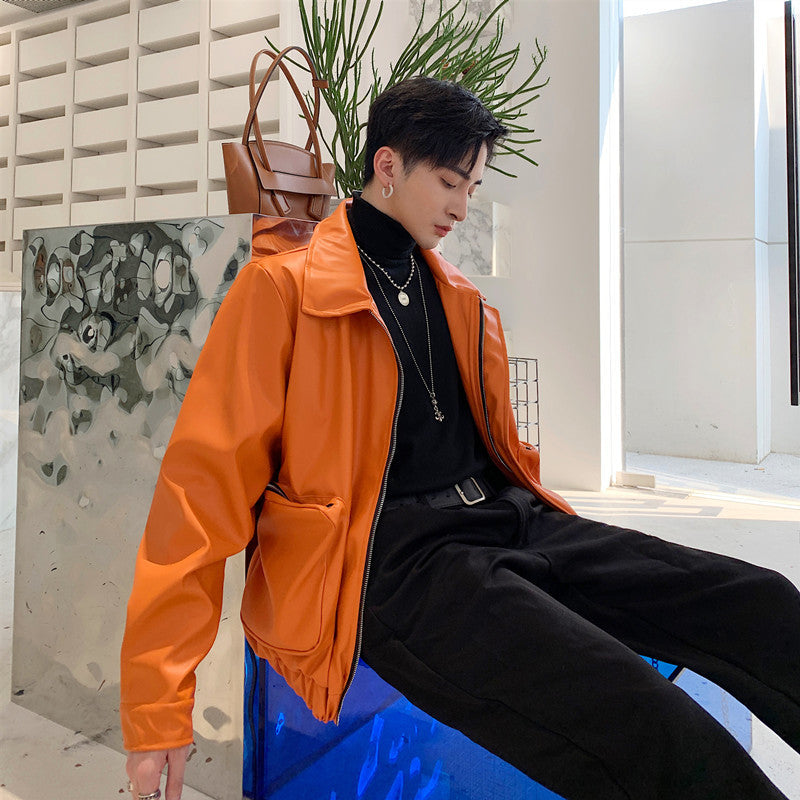 Orange Leather Jacket Men's Loose Outline Three-dimensional Big Pocket