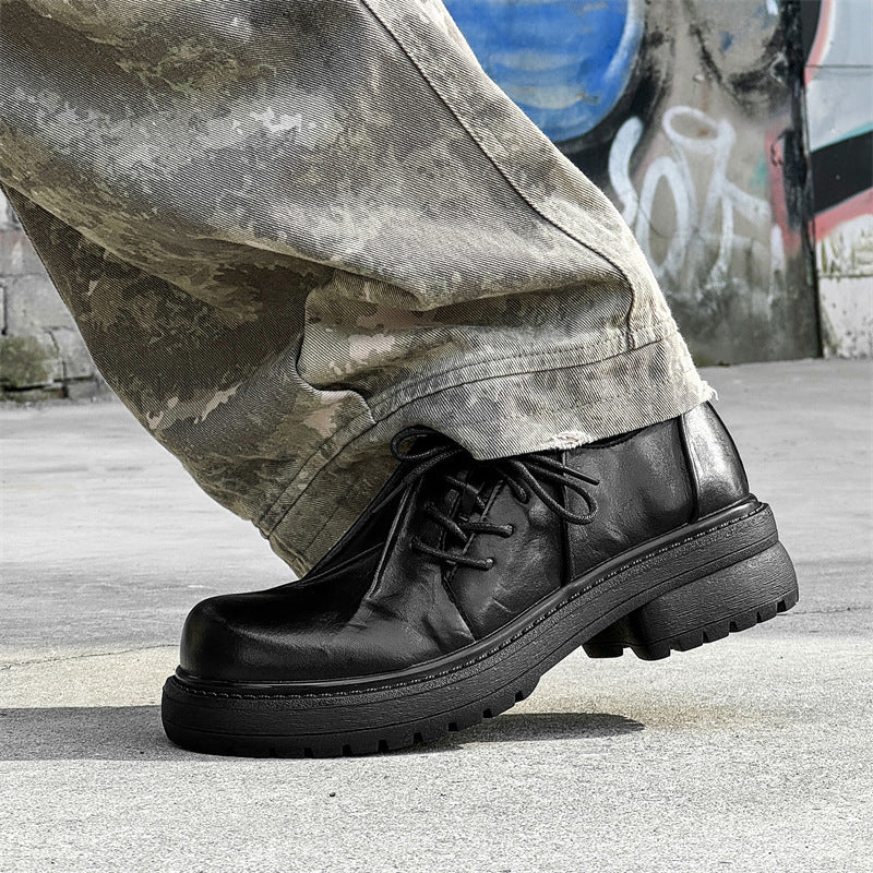 Inner Height Increasing Black Platform Warped Head Leather Shoes