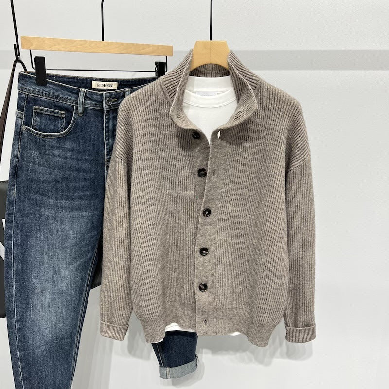Stand Collar Cardigan Sweater Men Loose Casual Jacket