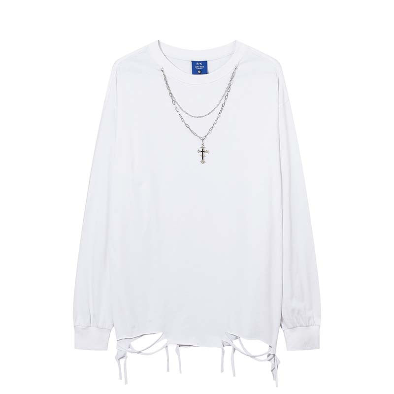 Men's Retro Worn Looking Washed-out Ragged Long-sleeved T-shirt