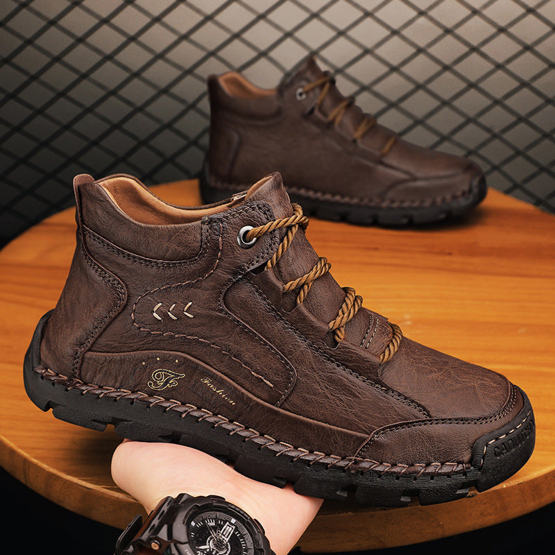 Fleece-lined Warm Mid-top Cotton-padded Shoes Soft Bottom Stitching Non-slip Men's Outdoor Leisure Shoes
