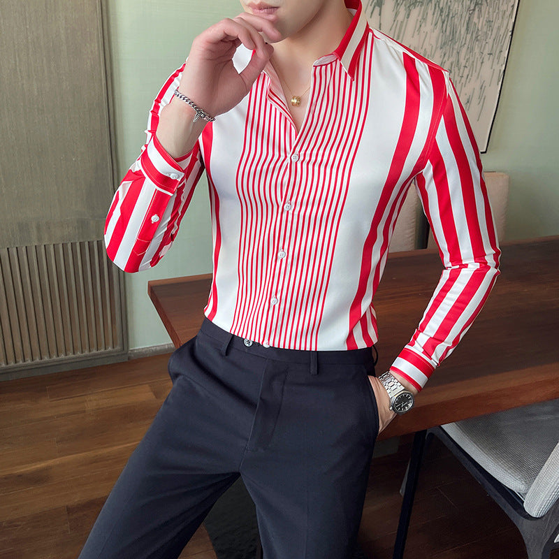 Striped Pointed Collar Non-iron Shirt Long Sleeve Casual Ice Silk