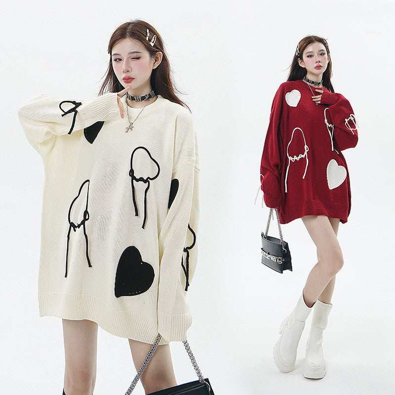 Love Embroidered Western Style Embroidered Round Neck Sweater