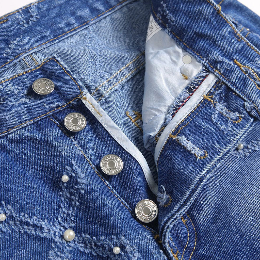 Pearl Embroidery Street Trendy Fashion Denim Skinny Pants