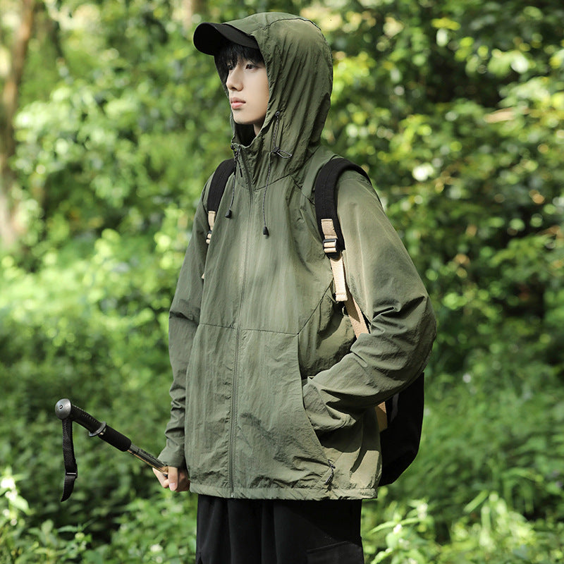 Men's Thin Ice Silk Hooded Solid Color Sun Protection Clothing