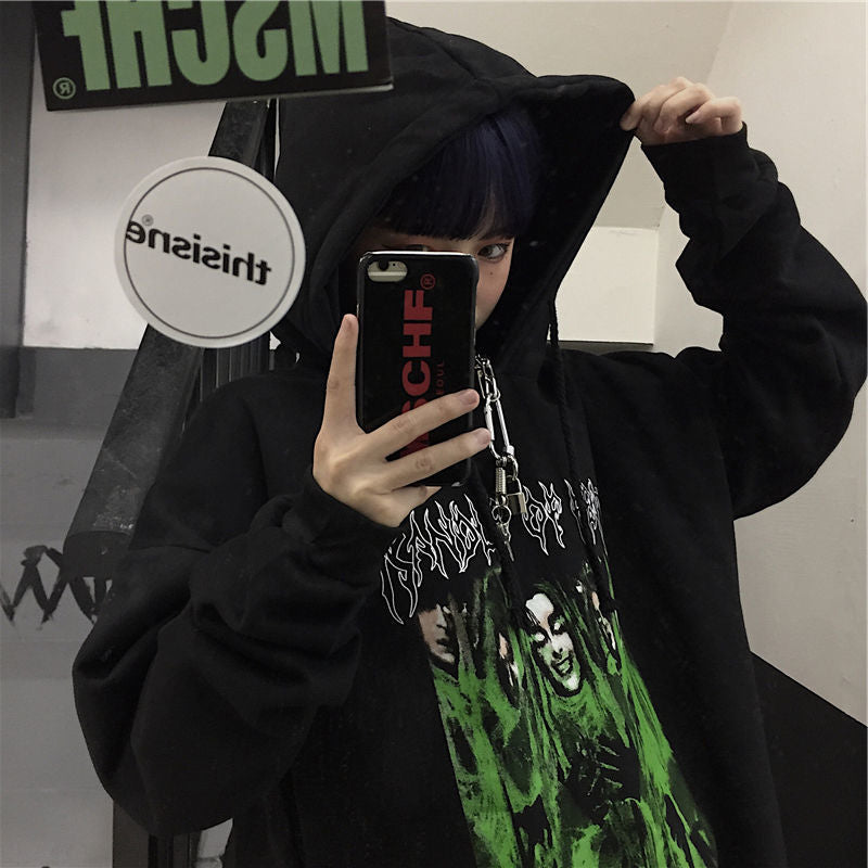 Dark Harajuku Hongkong Style Depressed Devil Print Autumn And Winter Loose Fleece-lined Hoodie Sweater Male And Female Couples Wear
