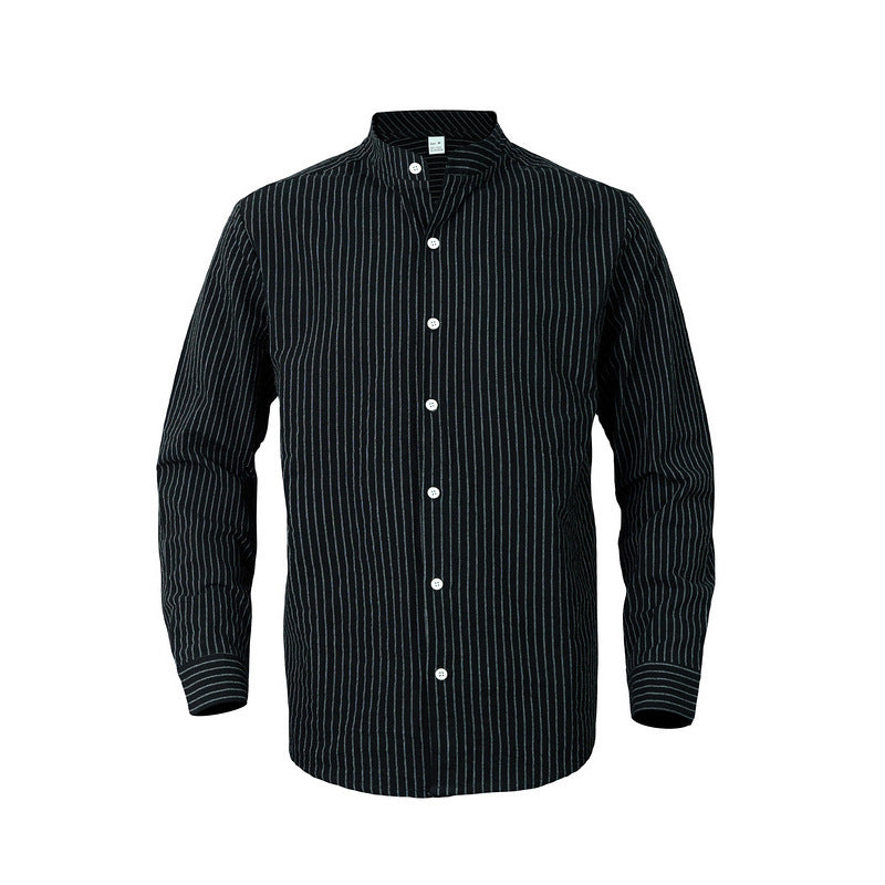 Business Linen Men's Shirt Striped Stand Collar Long Sleeve Cardigan