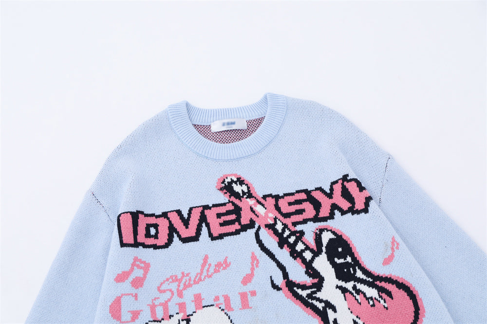 European And American Rock Anime Flame Jacquard Round Neck Sweater