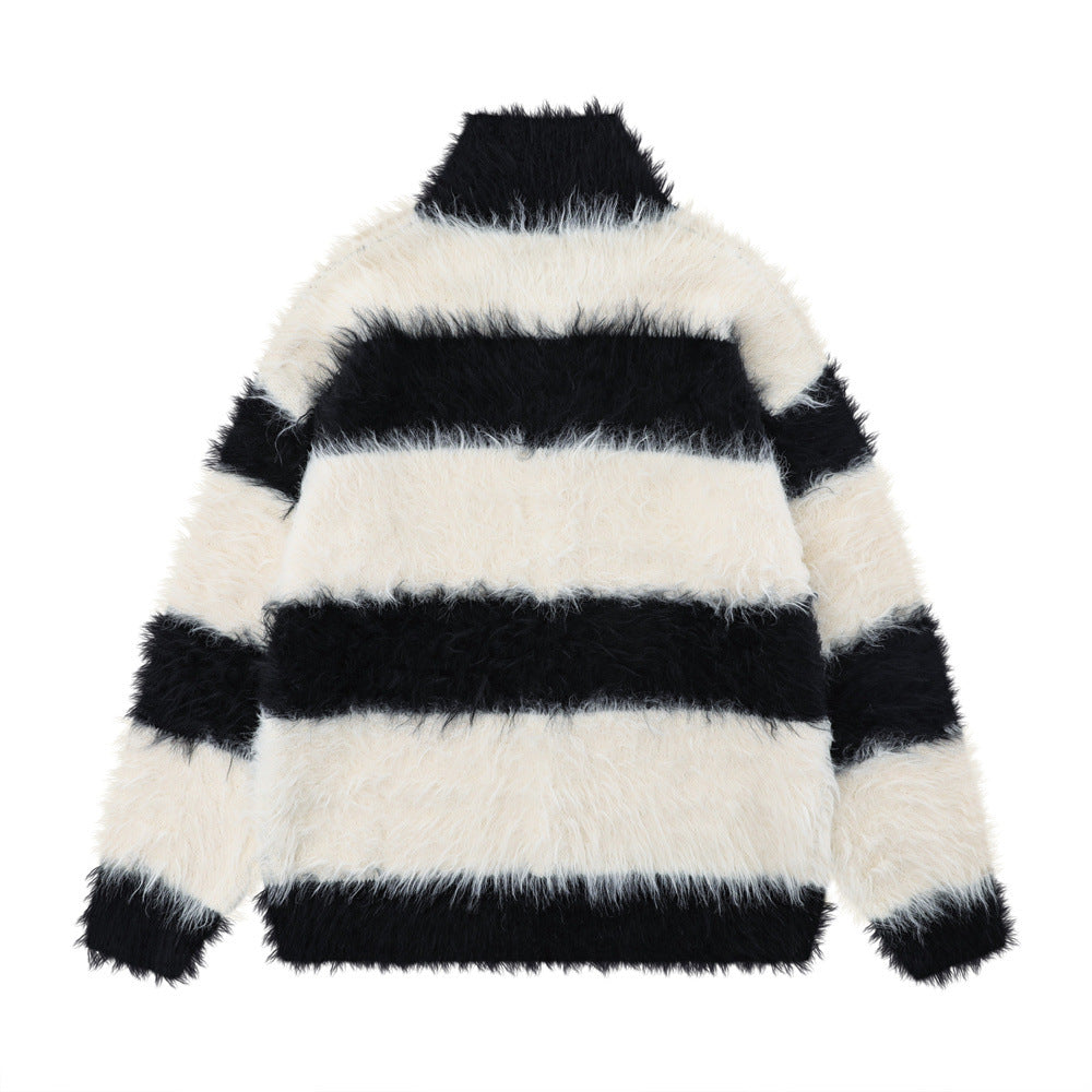 Striped With Fleece Lining Brushed Stand Collar Sweater