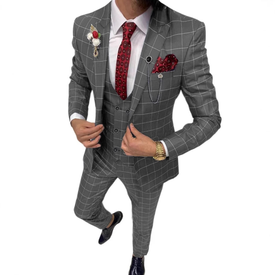 Men's Simple Versatile Lattice Three-piece Suit