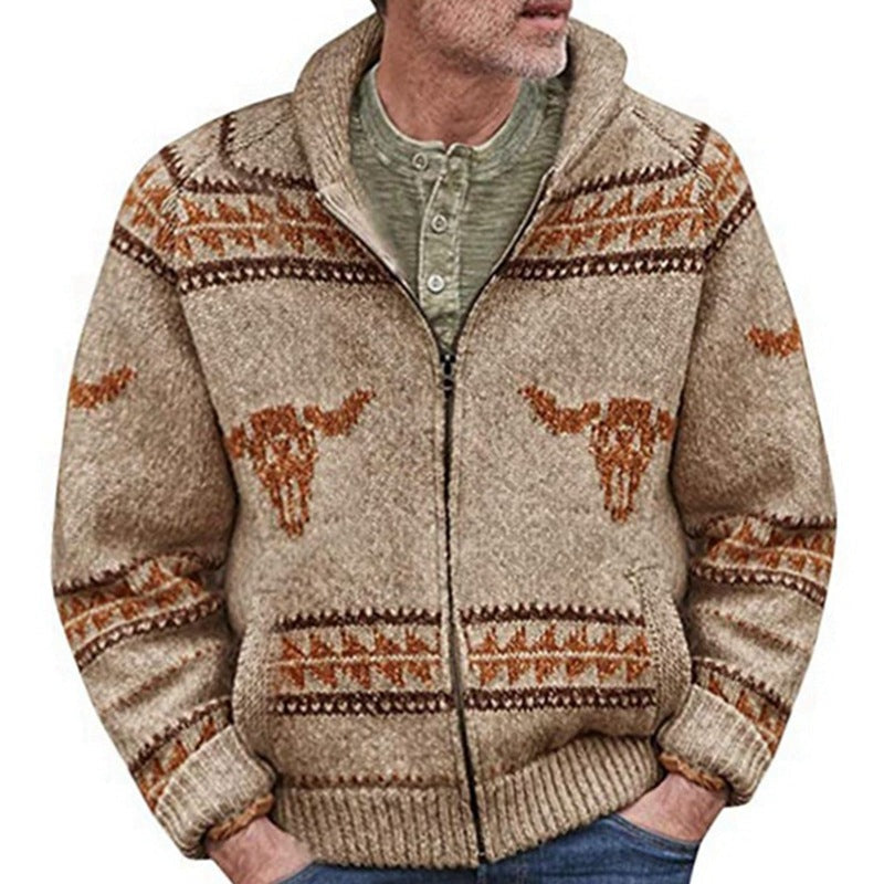Ox Head Jacquard Weave Zip Knitted Sweater