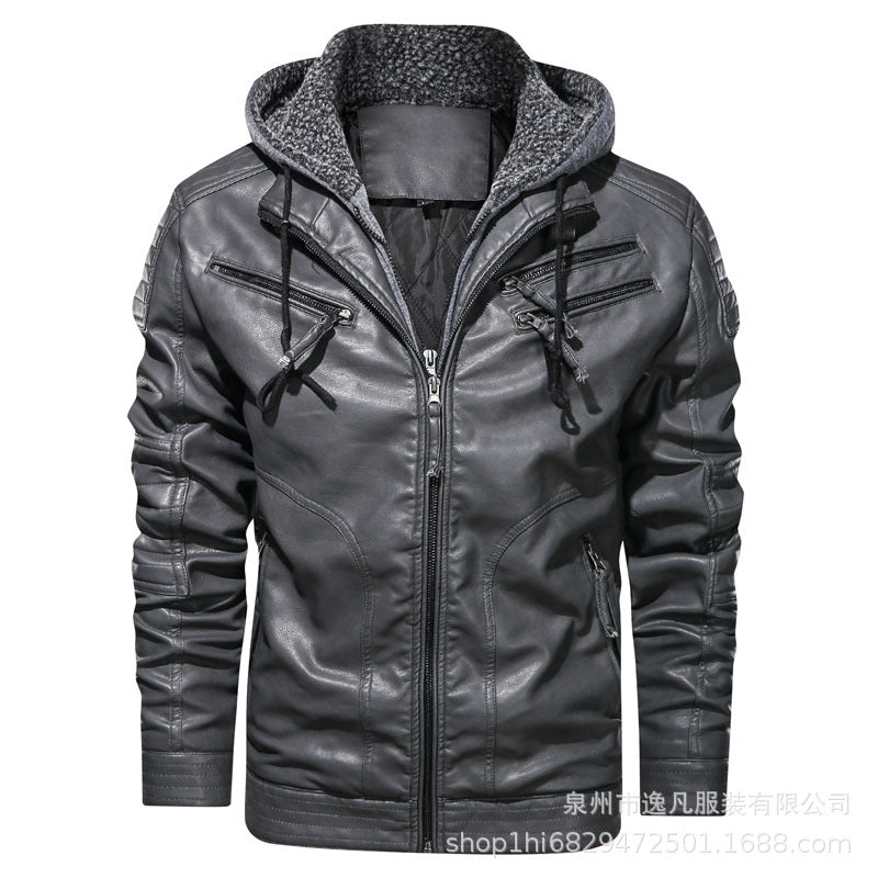Men's PU Hooded Cotton Addition Leather Jacket Coat