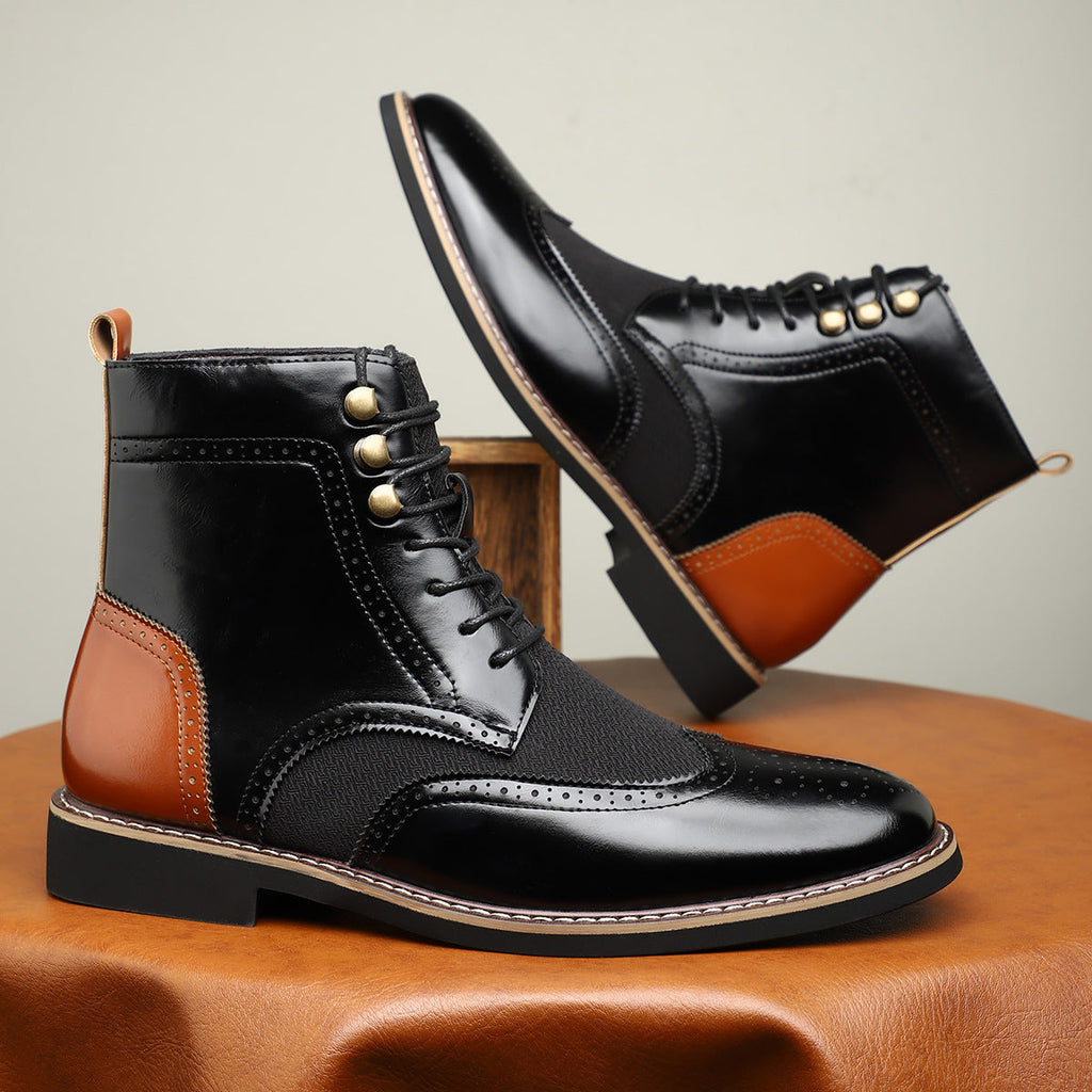 British Men's High Top Color Blocked Leather Shoes