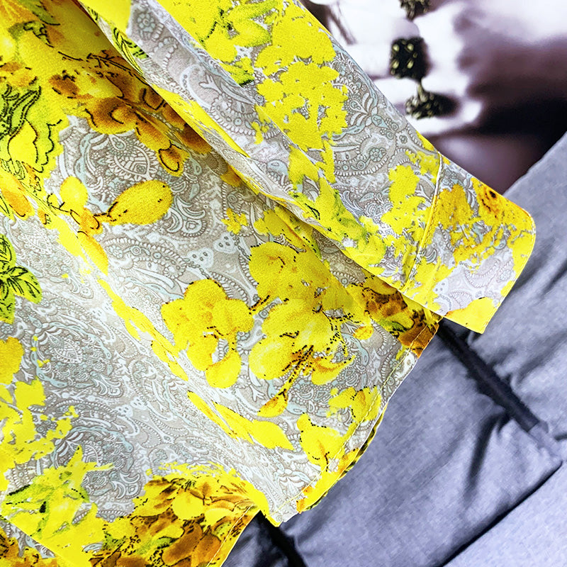 Hawaiian Style Yellow Printed Shirt Men's Loose Drooping Padded Shoulder
