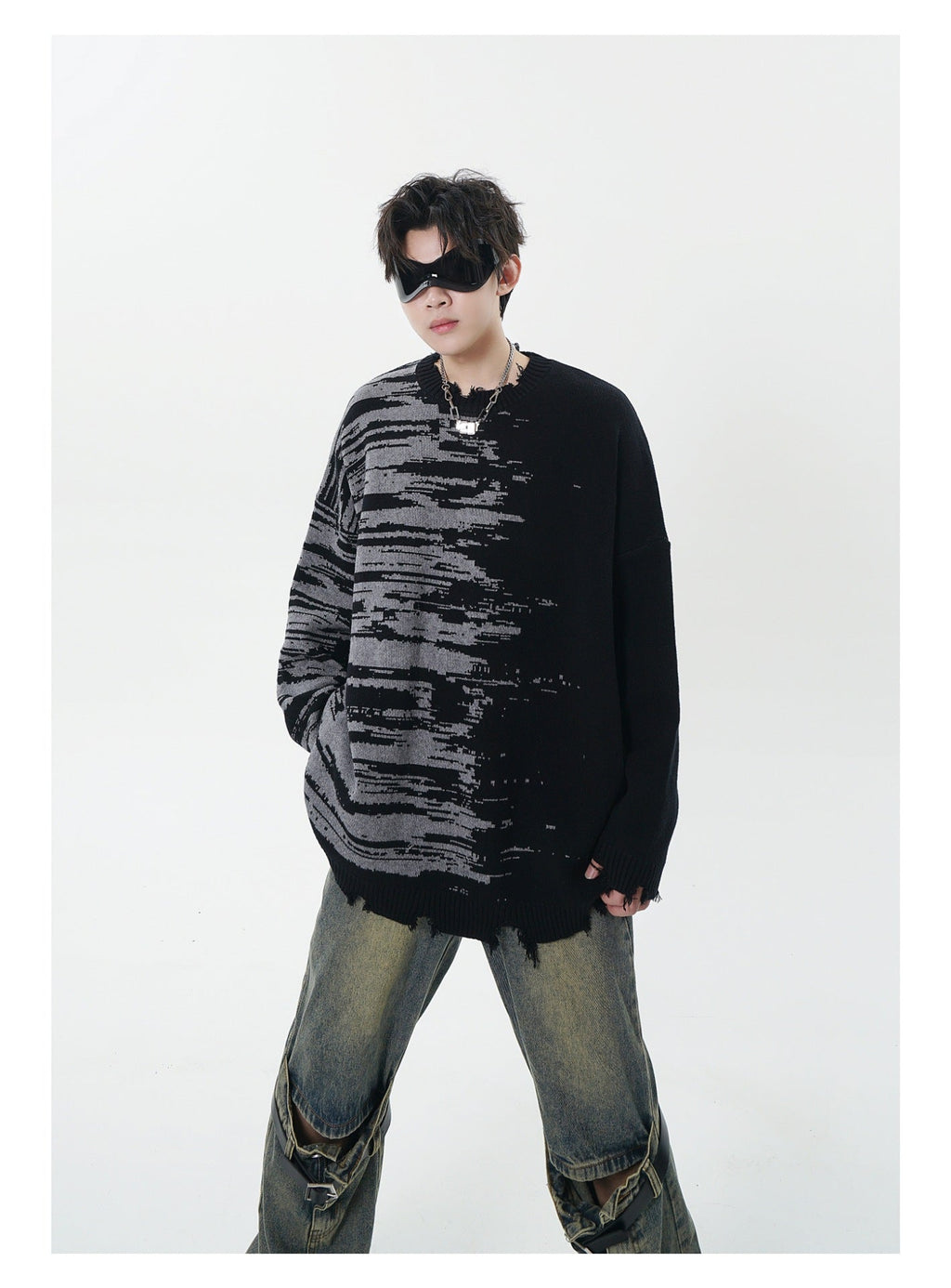 Zebra Pattern Color Matching Ripped Tassel Loose Round Neck Knitted Sweater