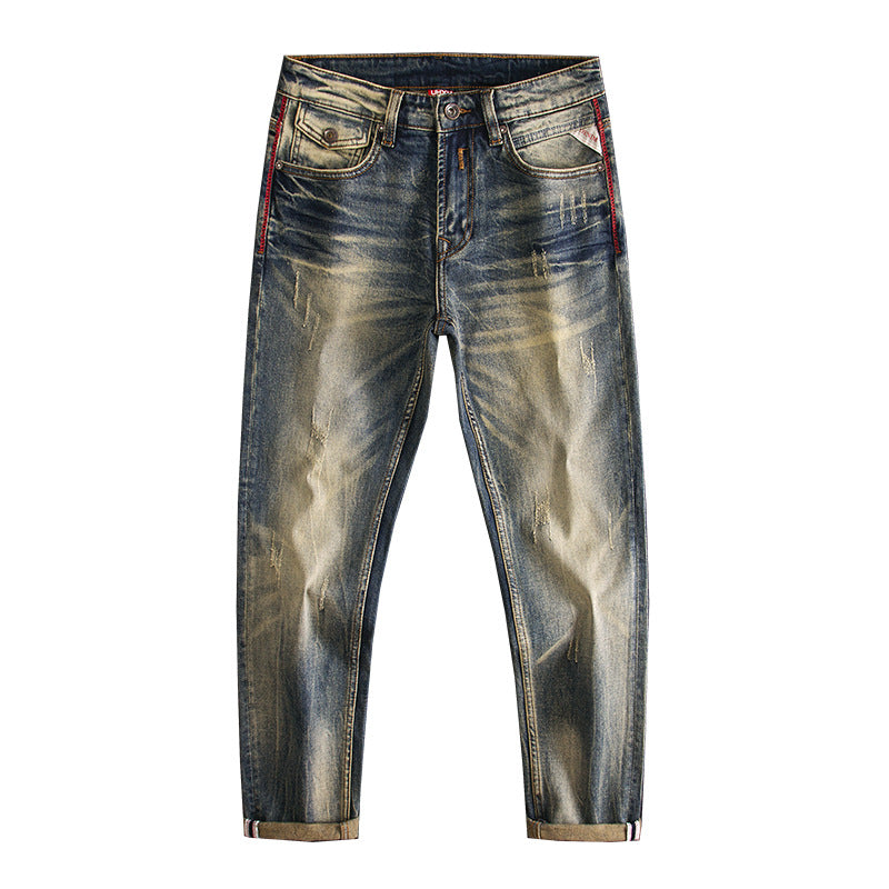 Men's American Retro Nostalgic Washed Slim-fitting Small Straight Stretch Pu Handsome Autumn And Winter Fashion