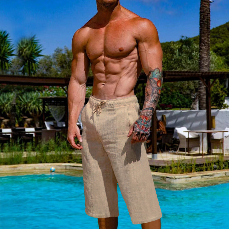 Loose Linen Cotton Breathable Cropped Pants For Men's Sports And Casual Wear