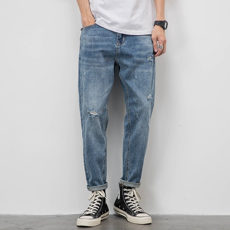Light-colored Jeans Men's Loose Straight Ripped Leisure Tapered Stretch