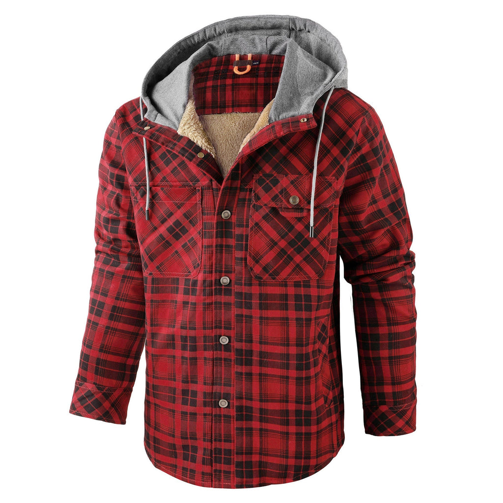 Men's Long-sleeved Fleece-lined Hooded Plaid Shirt Autumn Winter Coat Cotton-padded Jacket