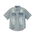 Retro Side Three Bar Stripes Short Sleeve Denim Shirt Outfit Men