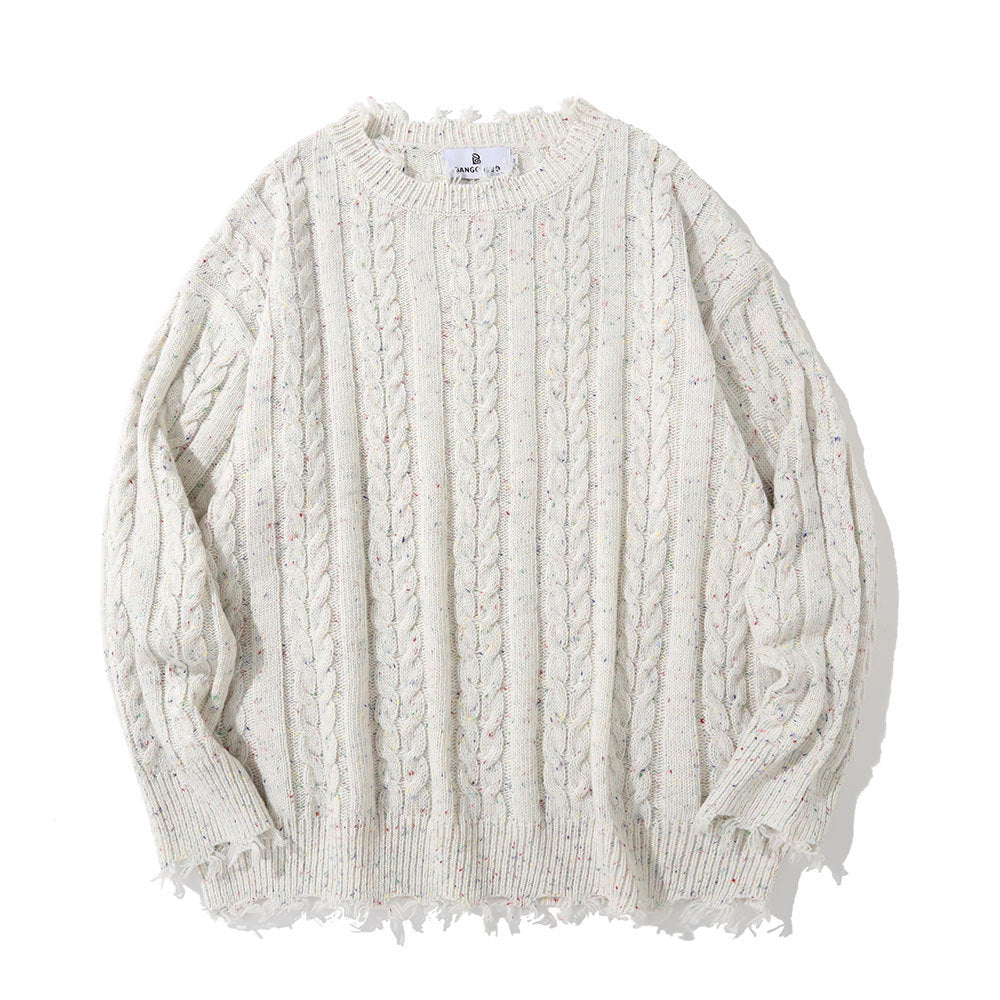 Pure Color Jacquard Twist Ripped Sweater Men's High Street Idle Style