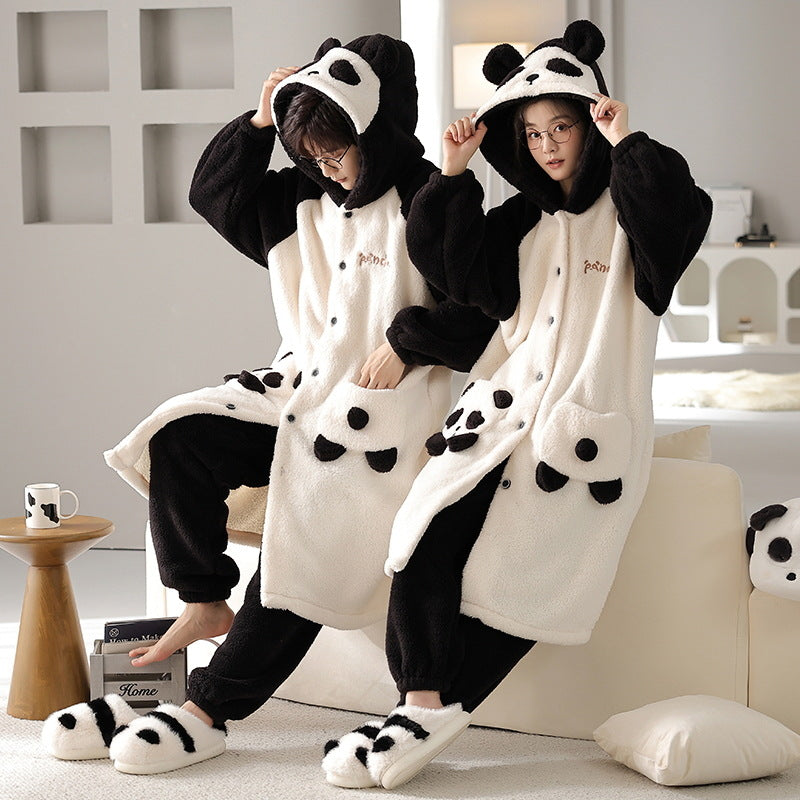 Women's Nightgown Autumn And Winter Long Flannel Thickened Couple Plus Size Loose Bathrobe Coral Fleece