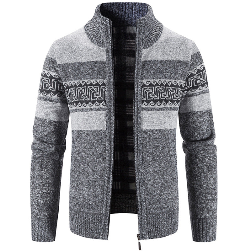 Casual Men's Hooded Color Block Printed Cardigan Knitted Cardigan Sweater Jacket